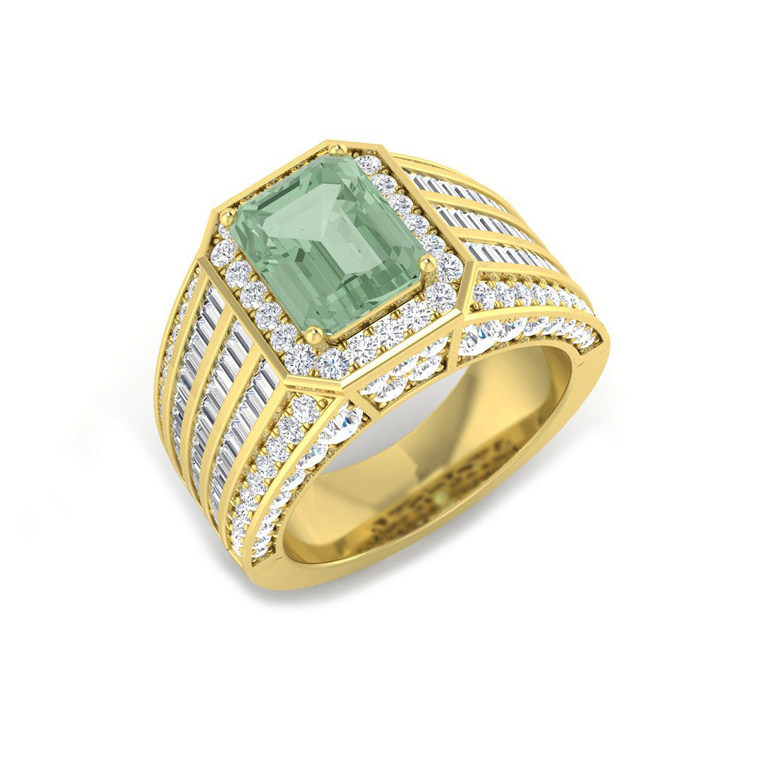 Yellow Gold Green Amethyst Cocktail Ring with Natural Diamond Accents