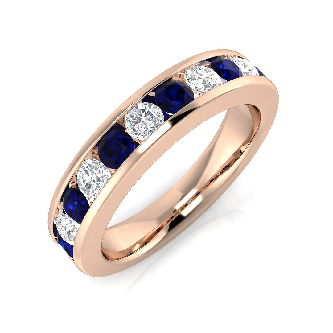 Blue Sapphire Diamond Half Eternity Ring with Round Diamond | Gold & Platinum