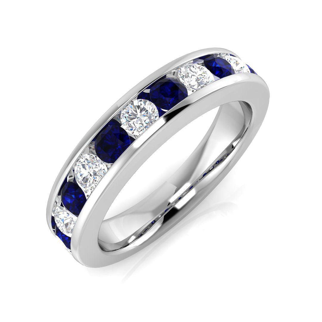 Blue Sapphire Diamond Half Eternity Ring with Round Diamond | Gold & Platinum
