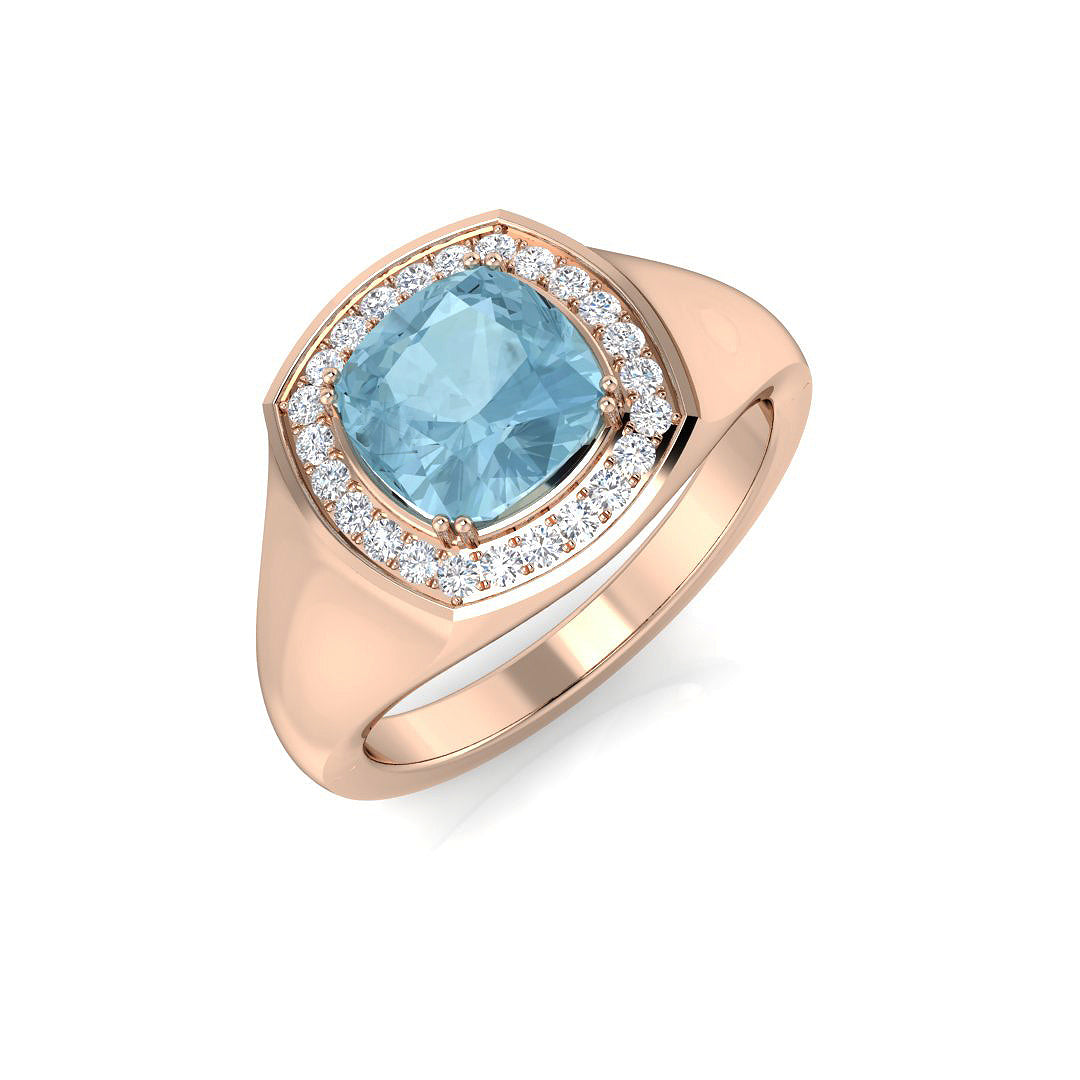 Rose Gold Cushion Aquamarine Halo Ring