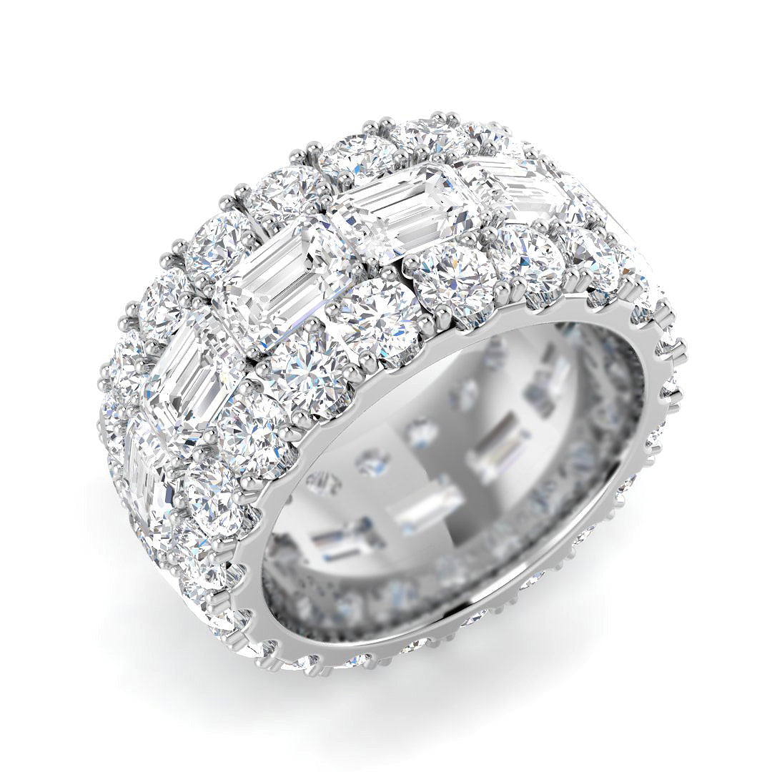 17.00 ct Lab-Grown Emerald and Round Cut D/VVS Diamond Prong Set Full Eternity Ring.