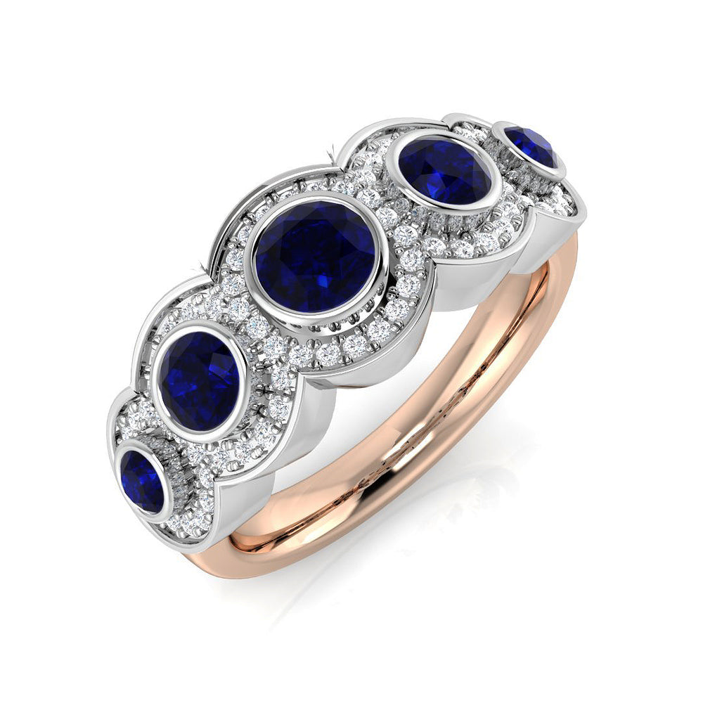 Blue Sapphire Diamond Five Stone Halo Ring