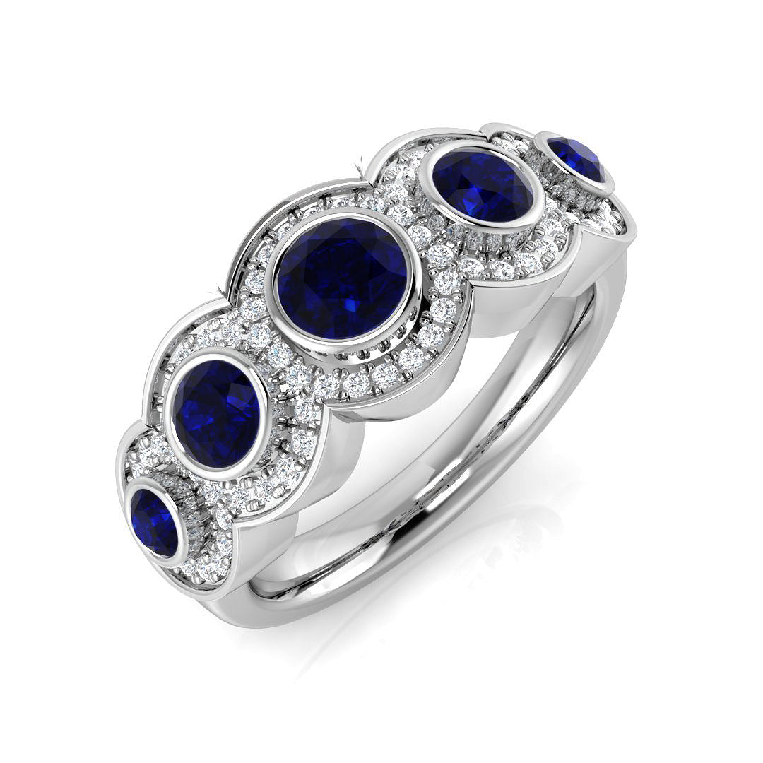 Blue Sapphire Diamond Five Stone Halo Ring for Women