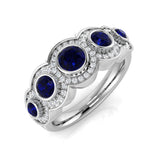 Blue Sapphire Diamond Five Stone Halo Ring for Women