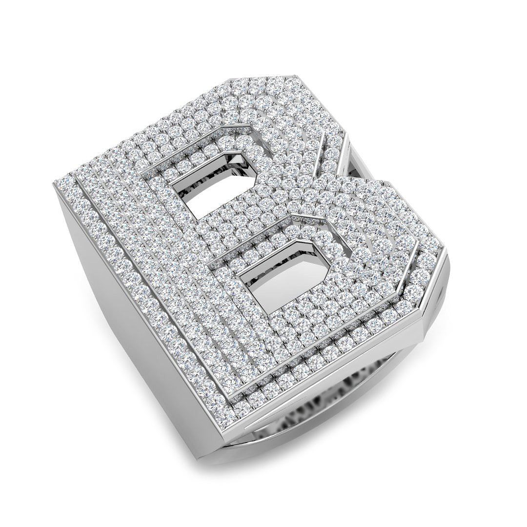 1.48 Carat Round Diamond Block Letter B Cluster Pavé Statement Initial Ring