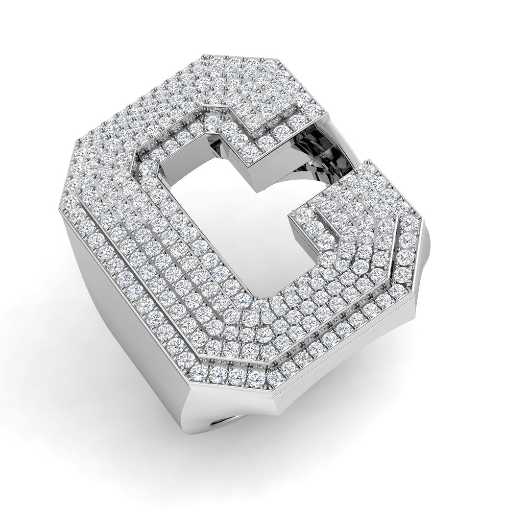 1.22 Carat Round Diamond Block Letter C Cluster Pavé Statement Initial Ring