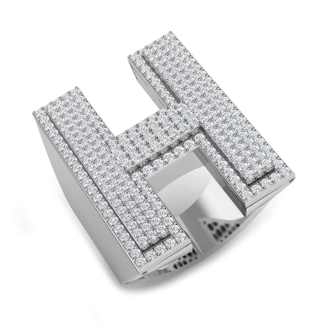 1.18 Carat Round Diamond Block Letter H Cluster Pavé Statement Initial Ring