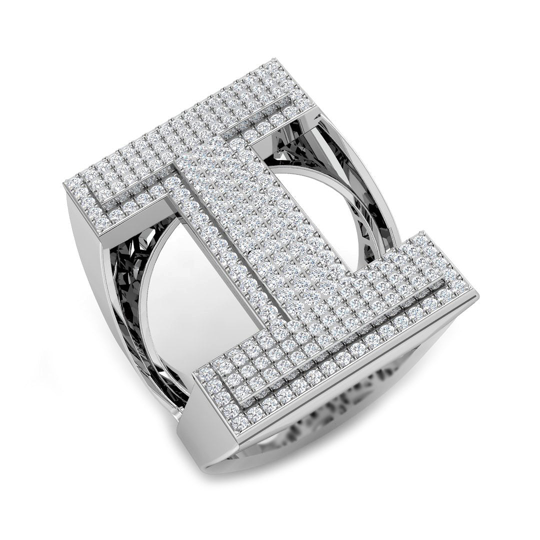 1.00 Carat Round Diamond Block Letter I Cluster Pavé Statement Initial Ring