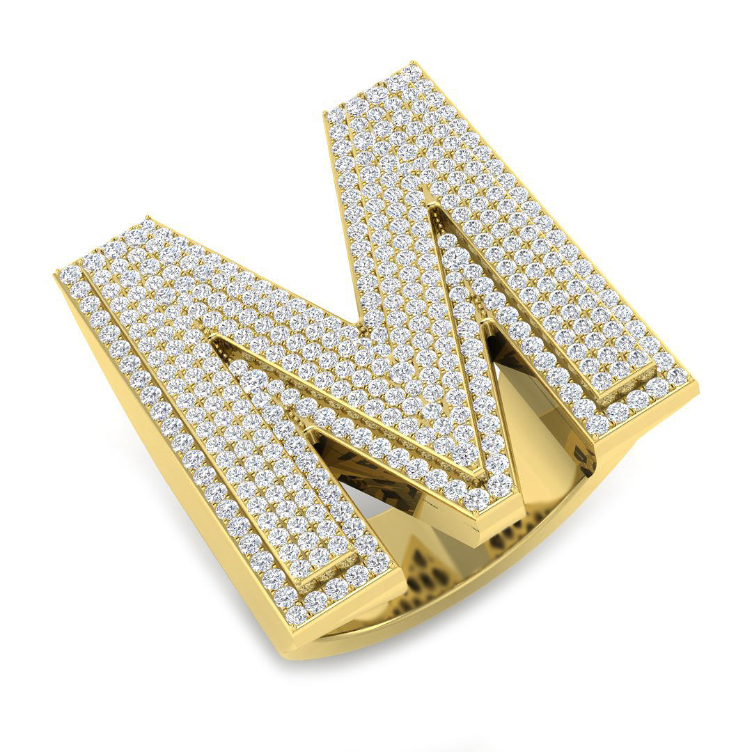 1.42 Carat Round Diamond Block Letter M Cluster Pavé Statement Initial Ring