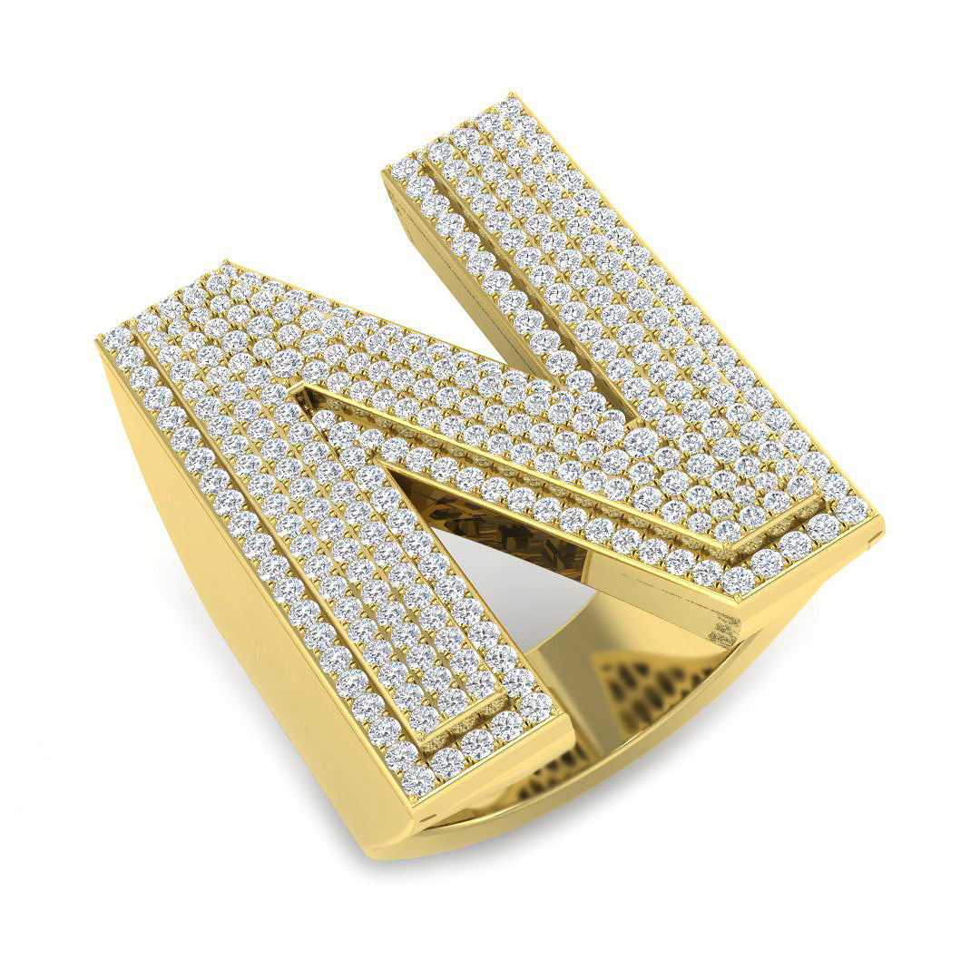 1.28 Carat Round Diamond Block Letter N Cluster Pavé Statement Initial Ring