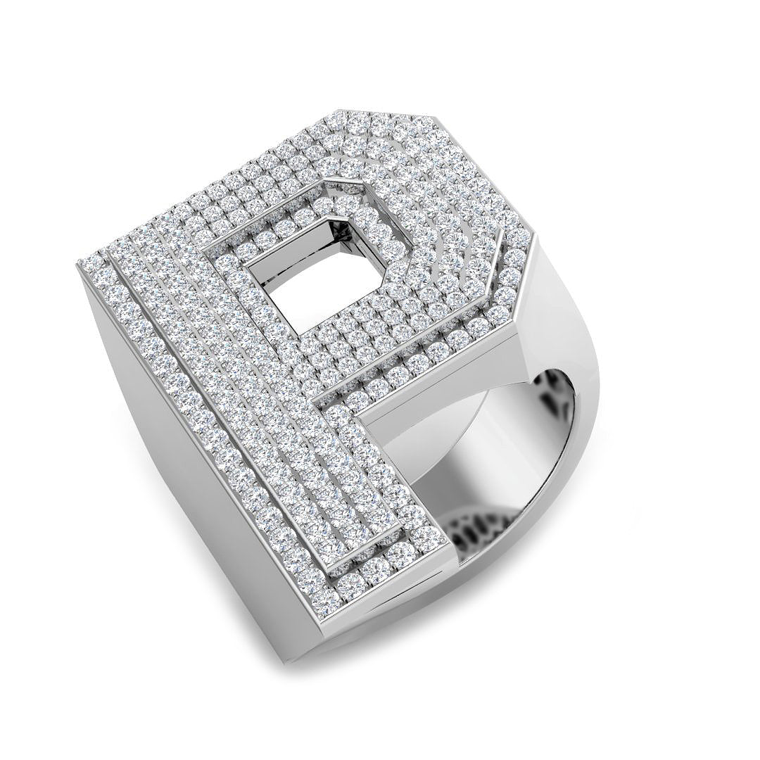 1.64 Carat Round Diamond Block Letter P Cluster Pavé Statement Initial Ring