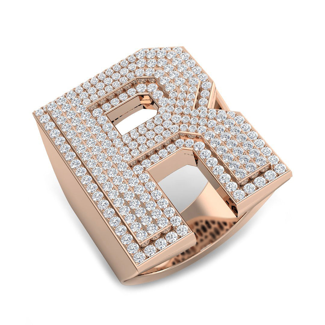 1.40 Carat Round Diamond Block Letter R Cluster Pavé Statement Initial Ring