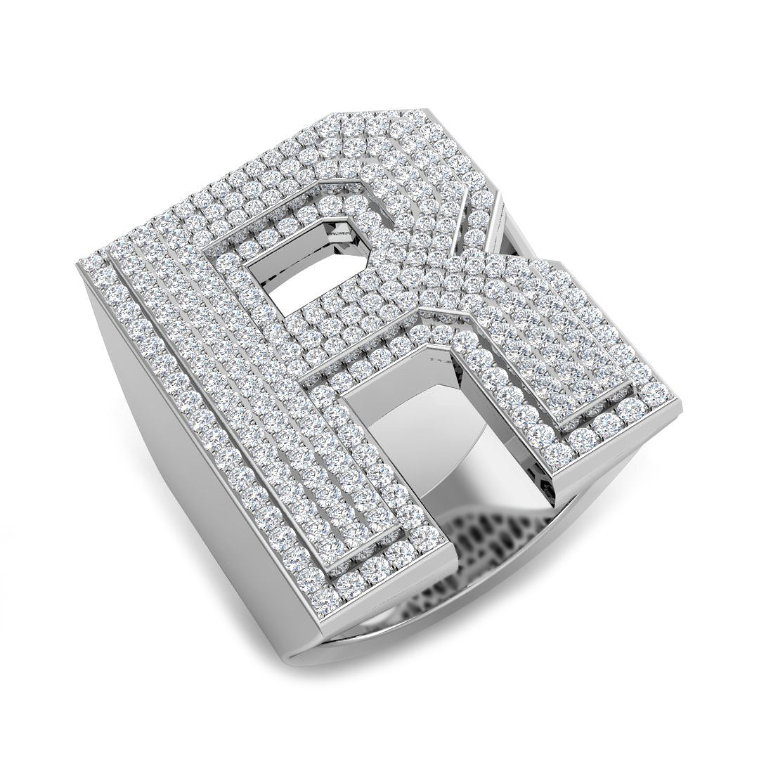1.40 Carat Round Diamond Block Letter R Cluster Pavé Statement Initial Ring