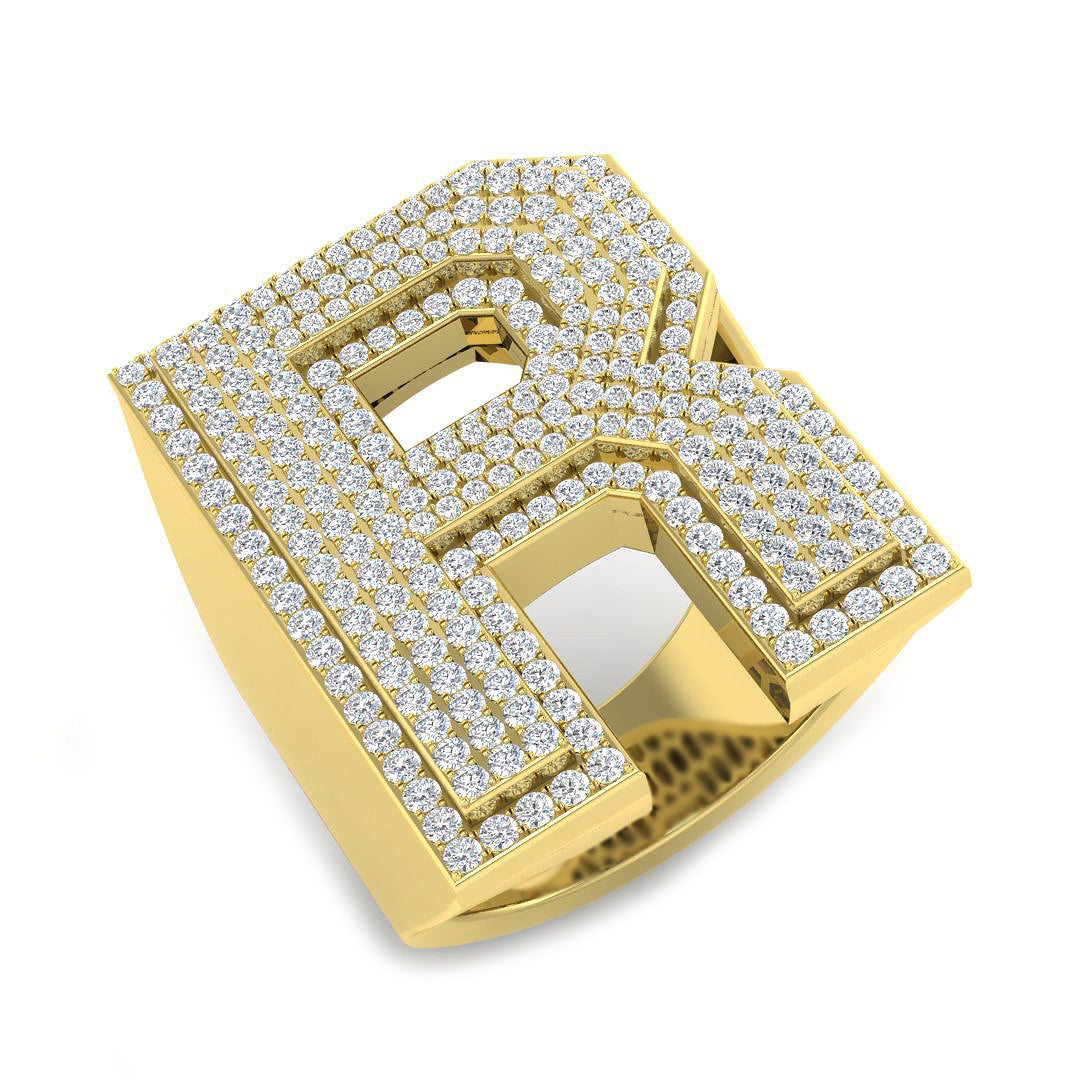 1.40 Carat Round Diamond Block Letter R Cluster Pavé Statement Initial Ring