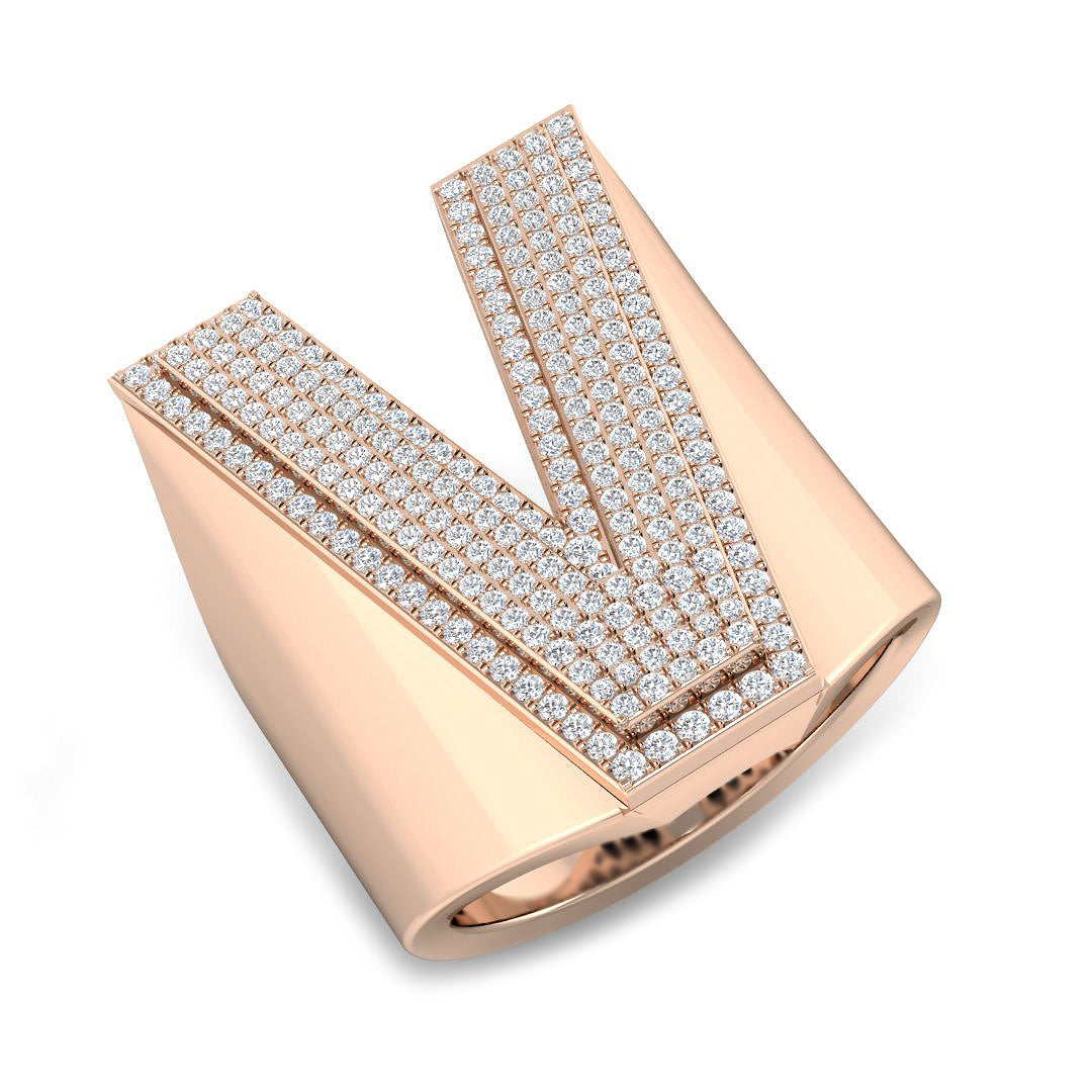 0.88 Carat Round Diamond Block Letter V Cluster Pavé Statement Initial Ring