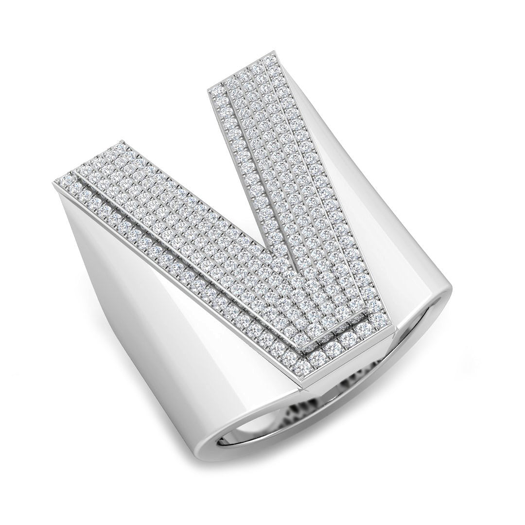 0.88 Carat Round Diamond Block Letter V Cluster Pavé Statement Initial Ring