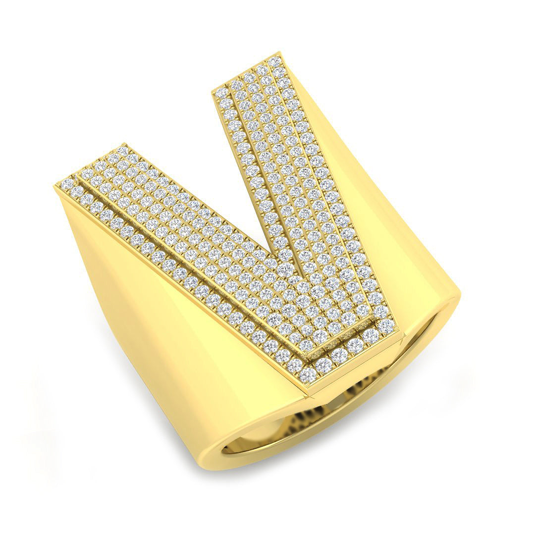0.88 Carat Round Diamond Block Letter V Cluster Pavé Statement Initial Ring