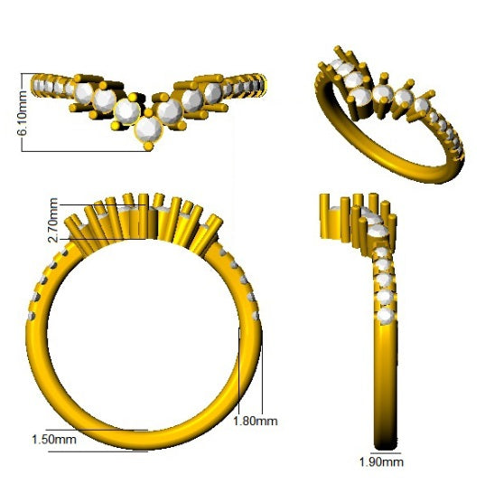 Gold ring with embedded stones and measurements on a white background