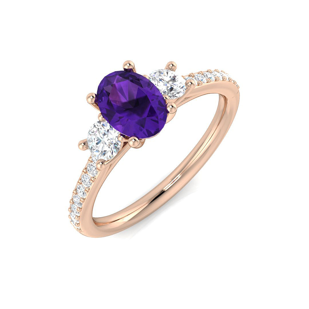 Oval Cut Amethyst Trilogy Ring with Round Side Stones | Three Stone