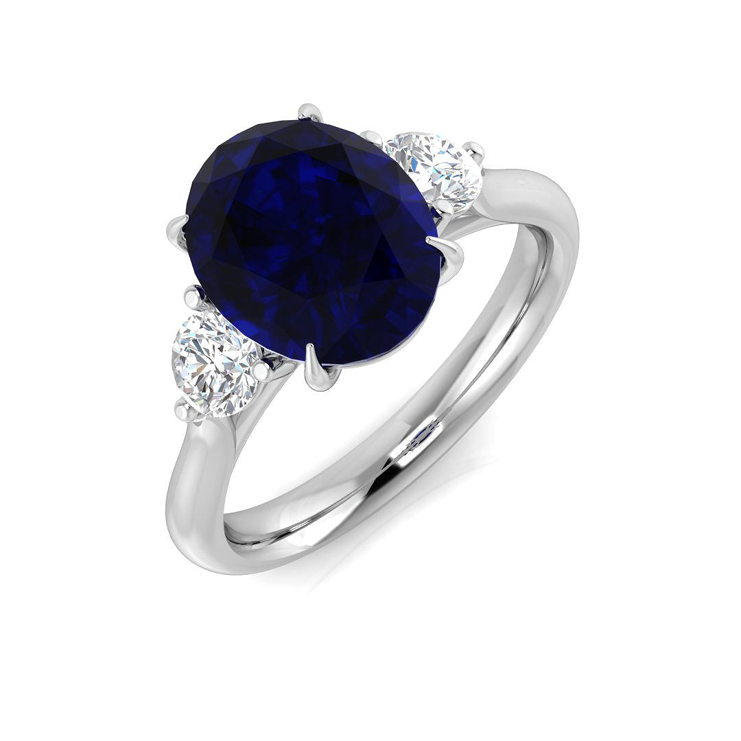 Oval Cut Blue Sapphire Side Stone Ring for Women