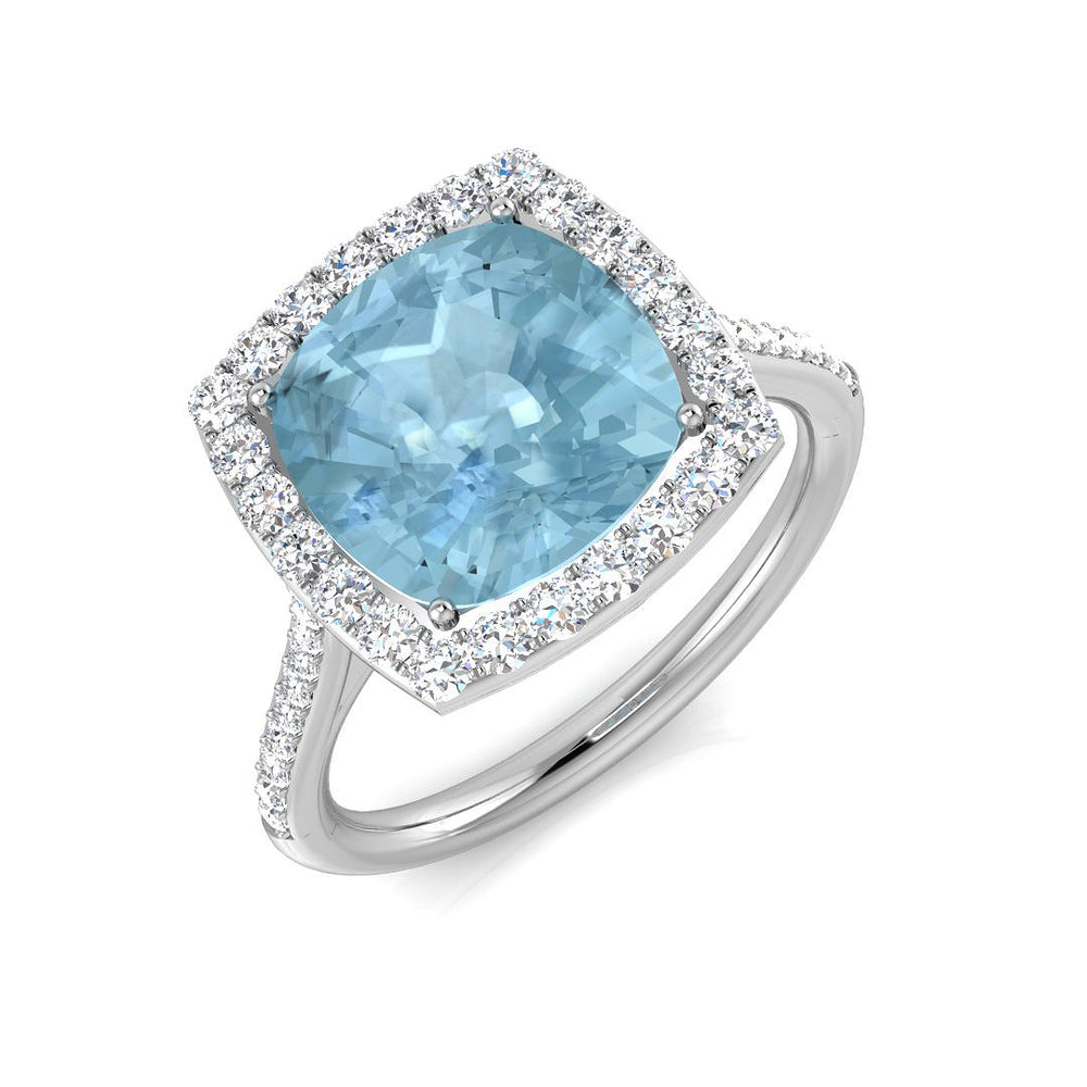 Cushion Cut Aquamarine Ring with Diamond Halo
