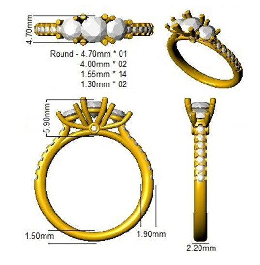 1.20Carat DE/VS Lab Grown Diamond 3 Stone Ring 9k Yellow Gold Ready To Ship