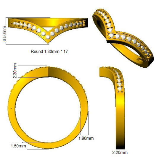 Gold ring with diamond measurements on a white background