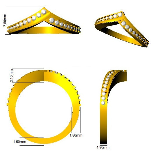 Gold ring with pearls and measurements on a white background