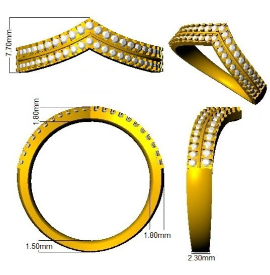 Gold jewelry set with measurements on a white background