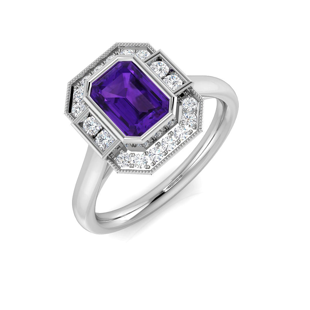 Emerald Cut Bezel Set Solitaire Ring with Pave Diamonds