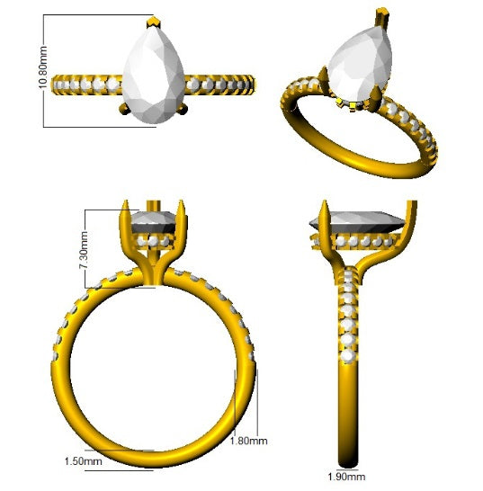 Pear Cut Diamond Engagement Ring with Pavé Band in Gold