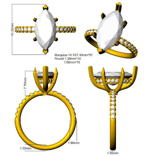 Marquise Diamond Pavé Solitaire Engagement Ring in Gold | Natural & Lab Grown
