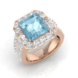 Rose Gold Emerald Cut Aquamarine Ring with Natural Side Stones