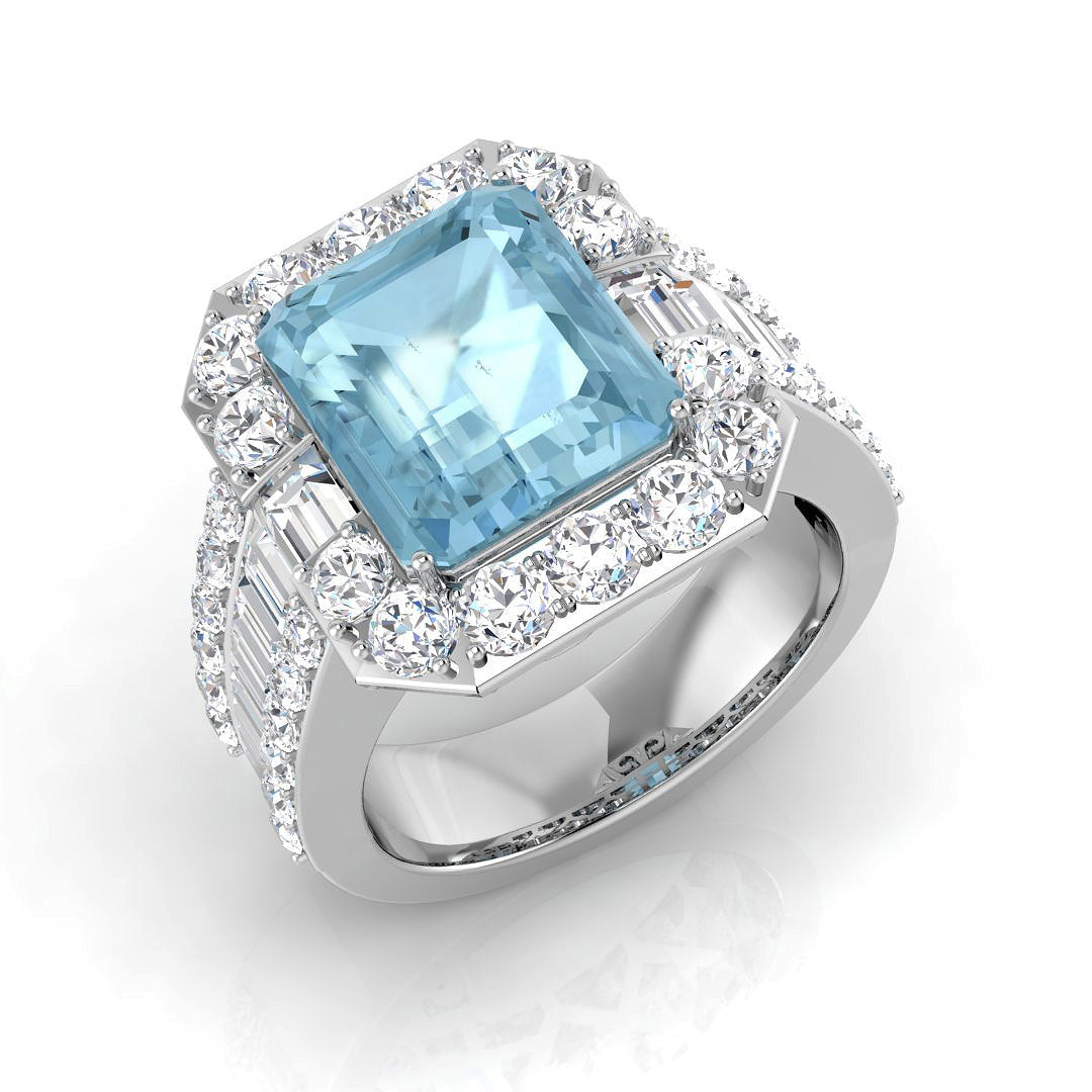 White Gold Emerald Cut Aquamarine Ring with Natural Side Stones