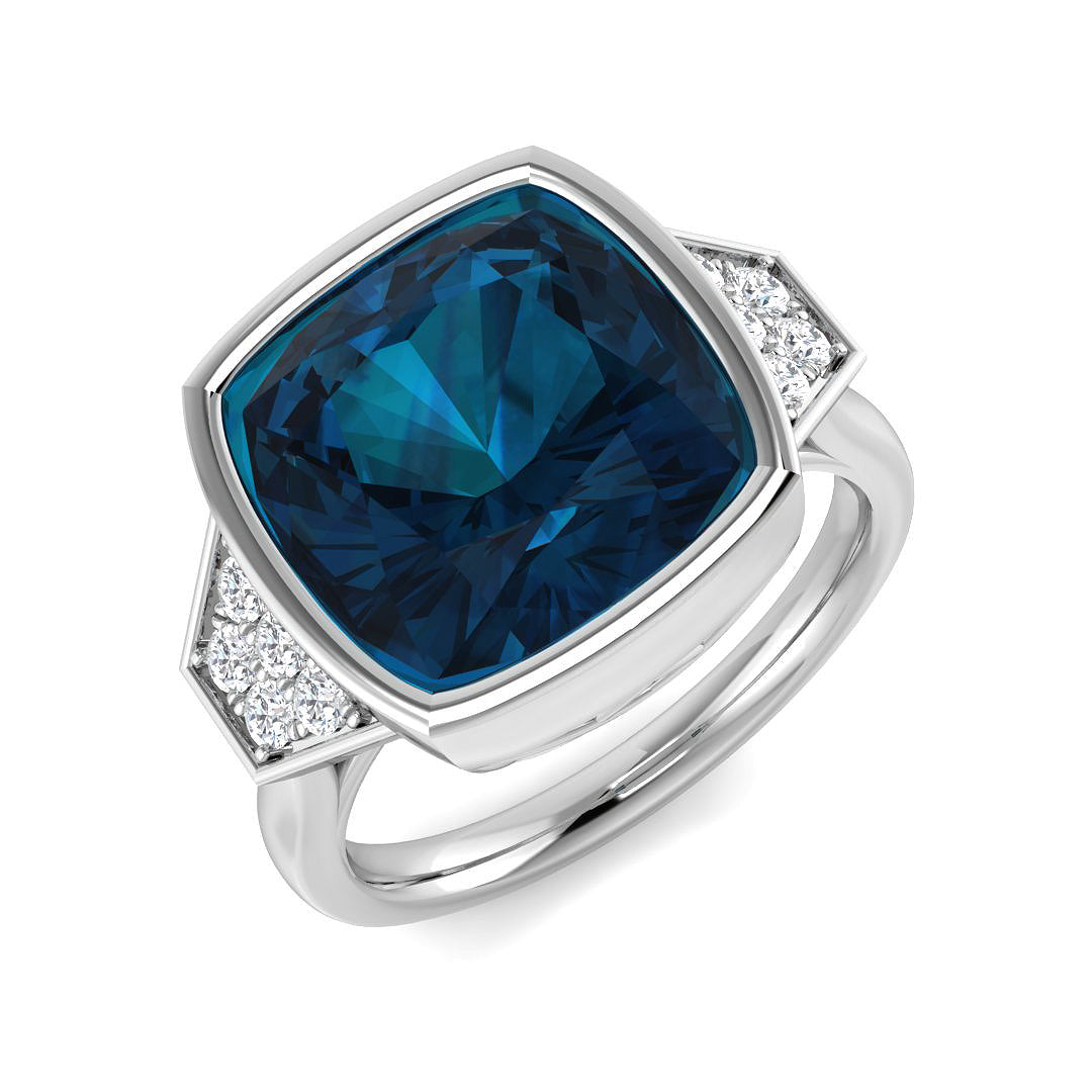 London Blue Topaz Solitaire Ring with Diamond Side Accents in Platinum