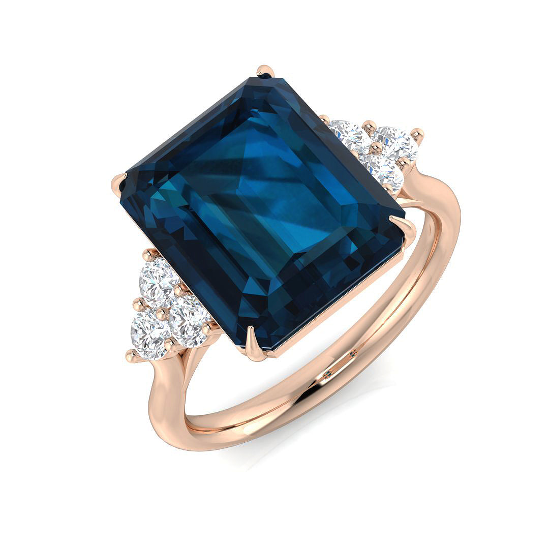 Rose Gold London Blue Topaz Solitaire Ring with Diamond Side Stones