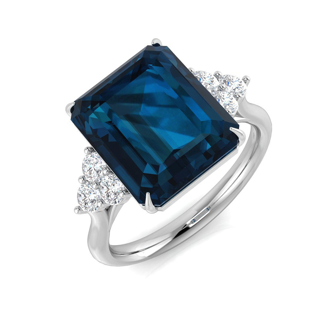 London Blue Topaz Solitaire Ring with Diamond Side Accents in Platinum