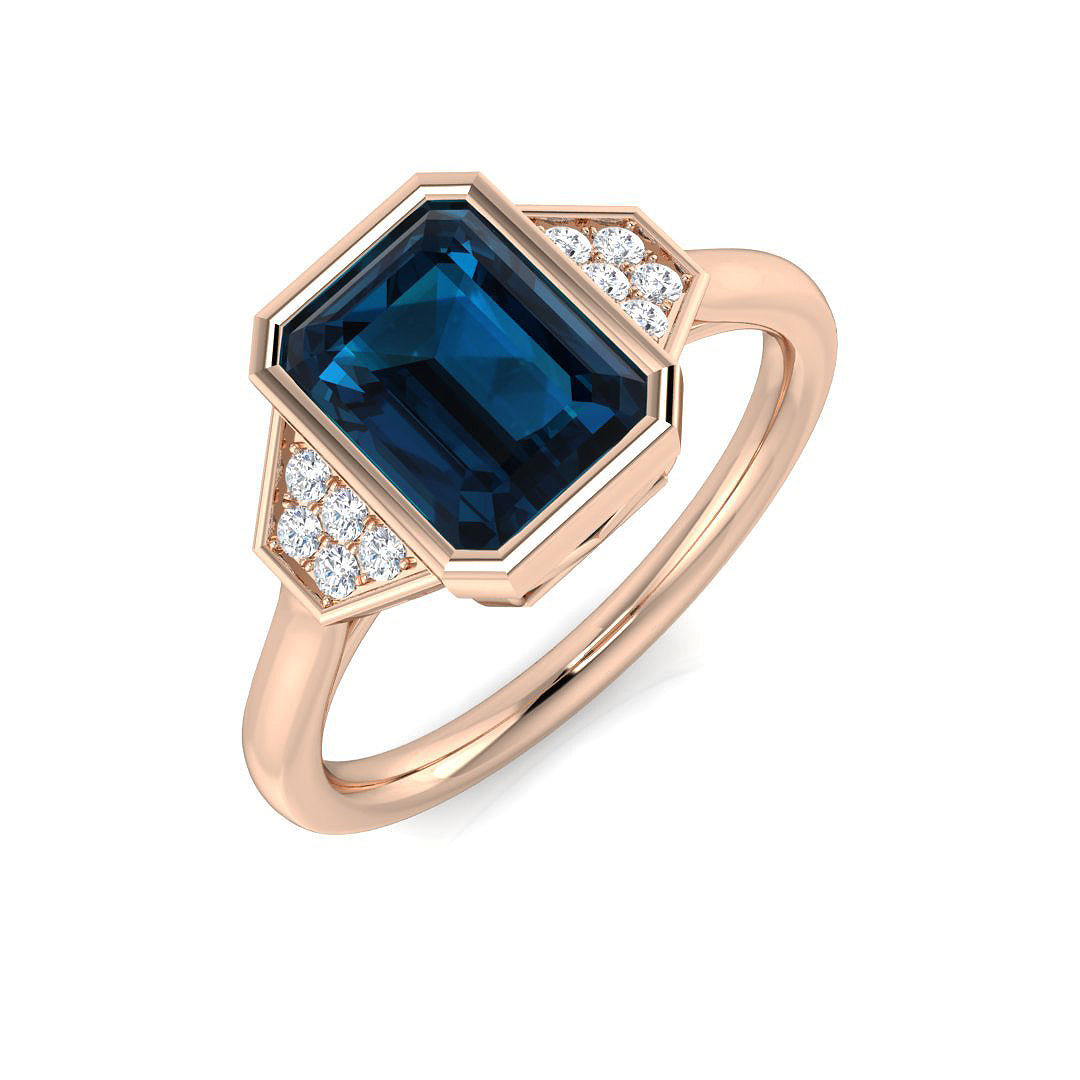 Rose Gold Emerald Cut London Blue Topaz Ring with Diamond Side Stones