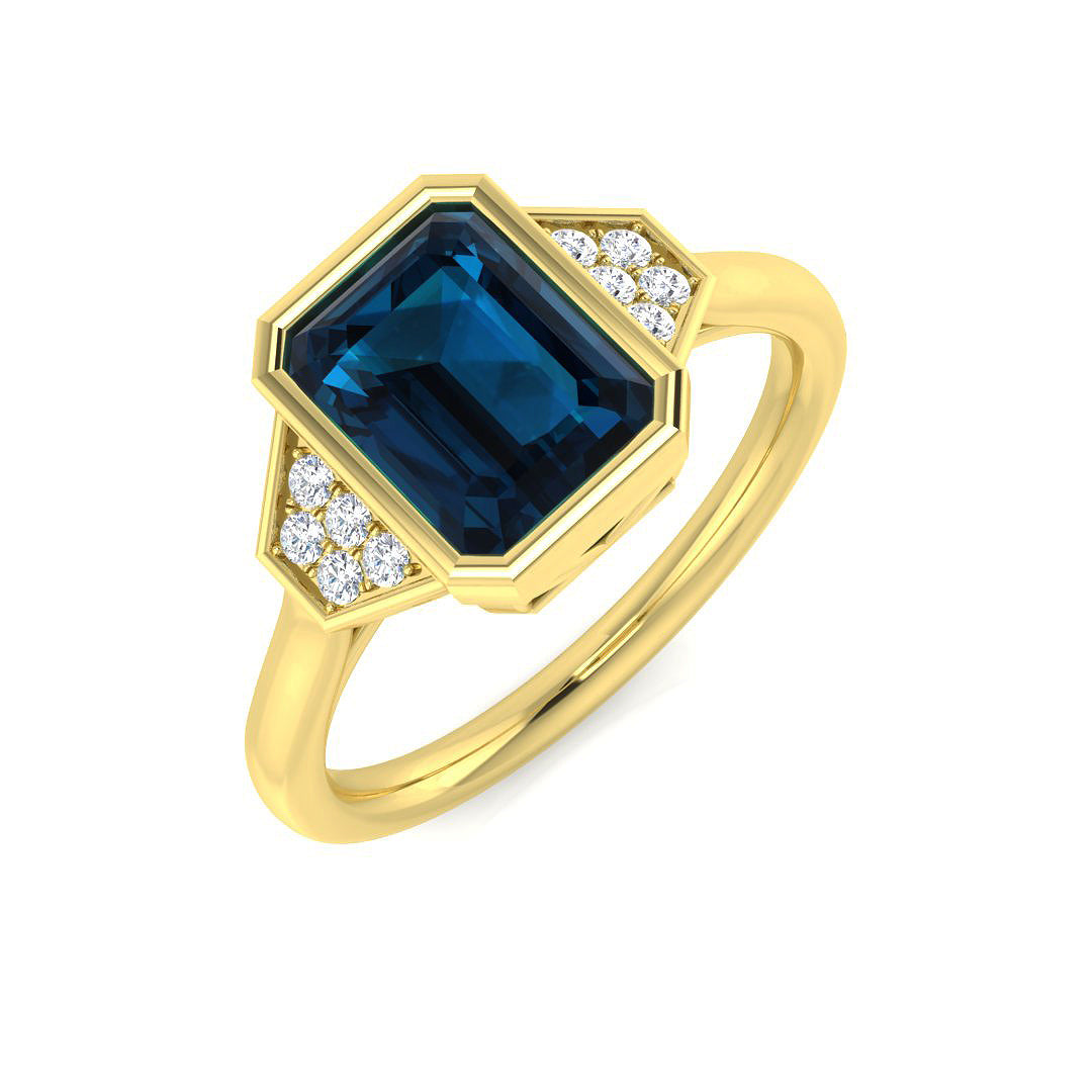 Yellow Gold London Blue Topaz Ring with Round Side Diamond Accents