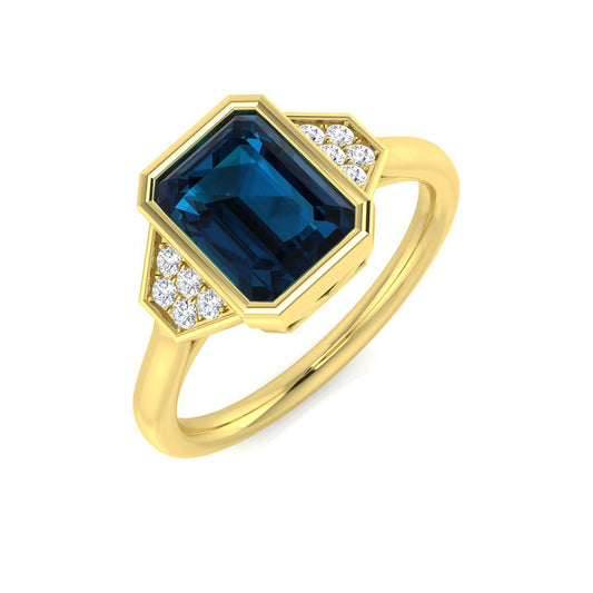 Yellow Gold London Blue Topaz Ring with Round Side Diamond Accents