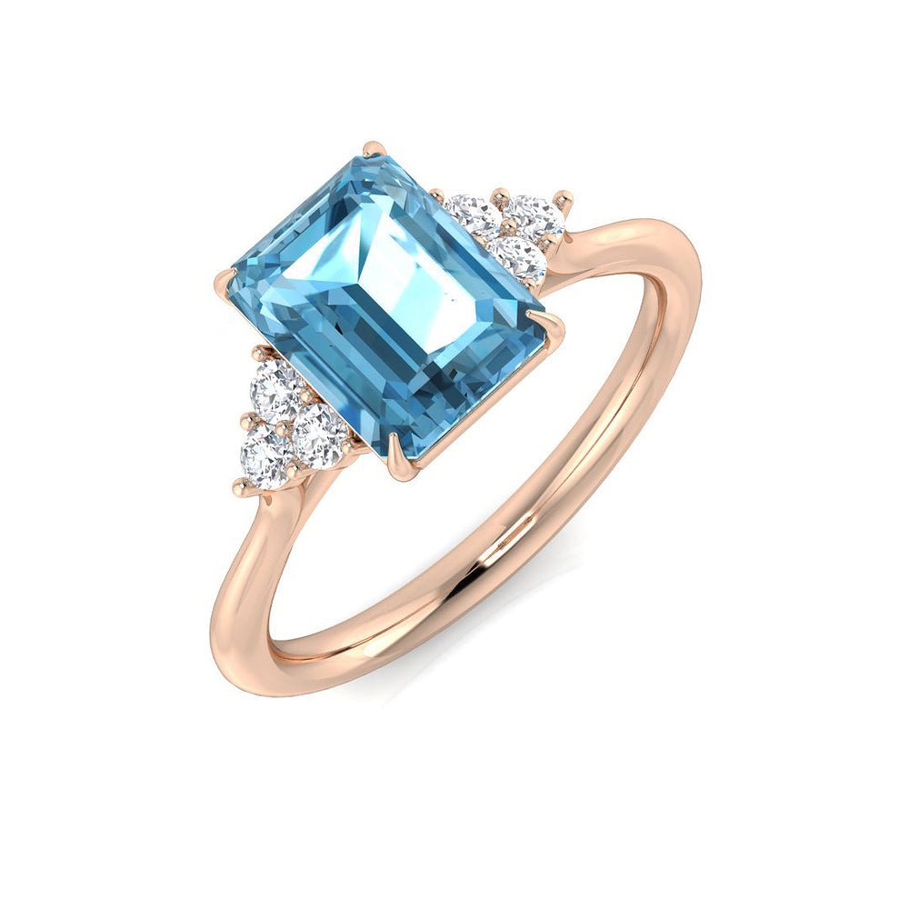 Rose Gold Sky Blue Topaz Solitaire Ring with Side Diamonds