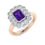Rose Gold Emerald Cut Solitaire Amethyst Halo Gemstone Ring UK Hallmarked