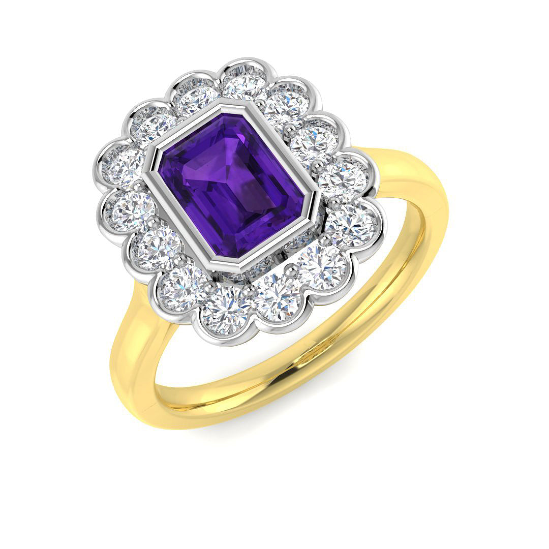 Gold Emerald Cut Solitaire Amethyst Halo Gemstone Ring UK Hallmarked
