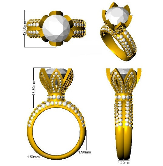 Gold rings with gemstones and measurements on a white background