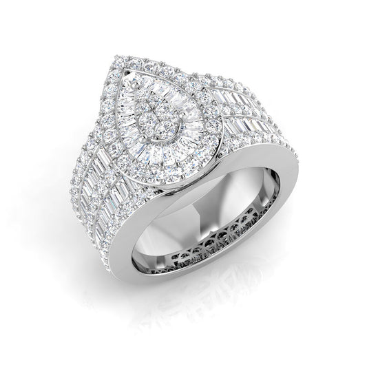 Diamond ring with a pear-shaped center stone on a white background