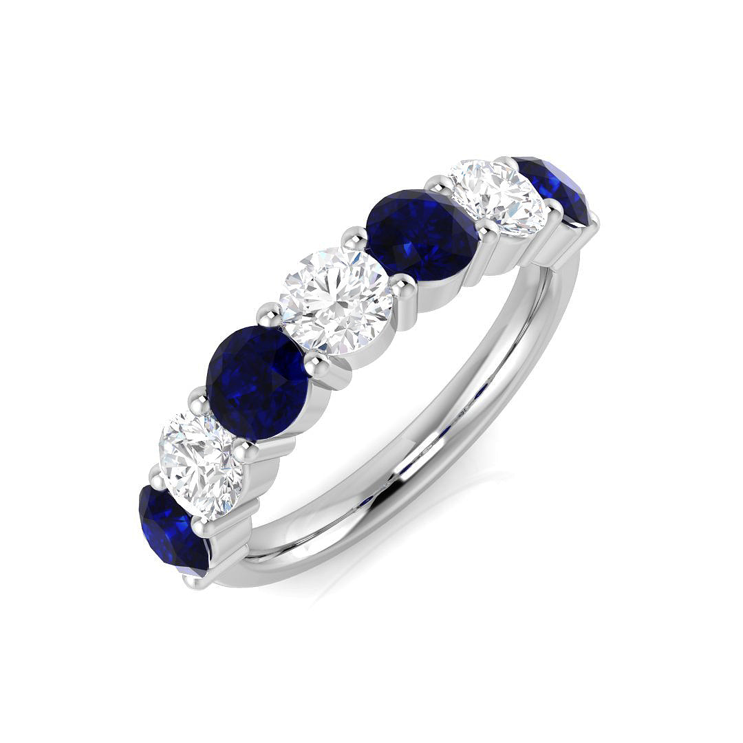 Natural Round Cut Diamond and Blue Sapphire 7 Stone Ring in Gold & Platinum