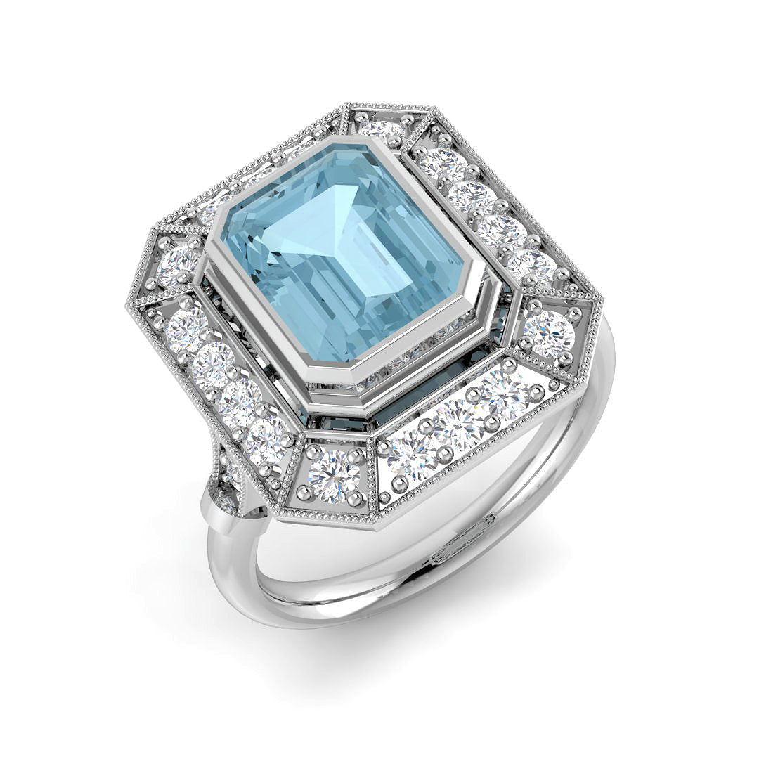 Aquamarine Milgrain Diamond Ring in White Gold