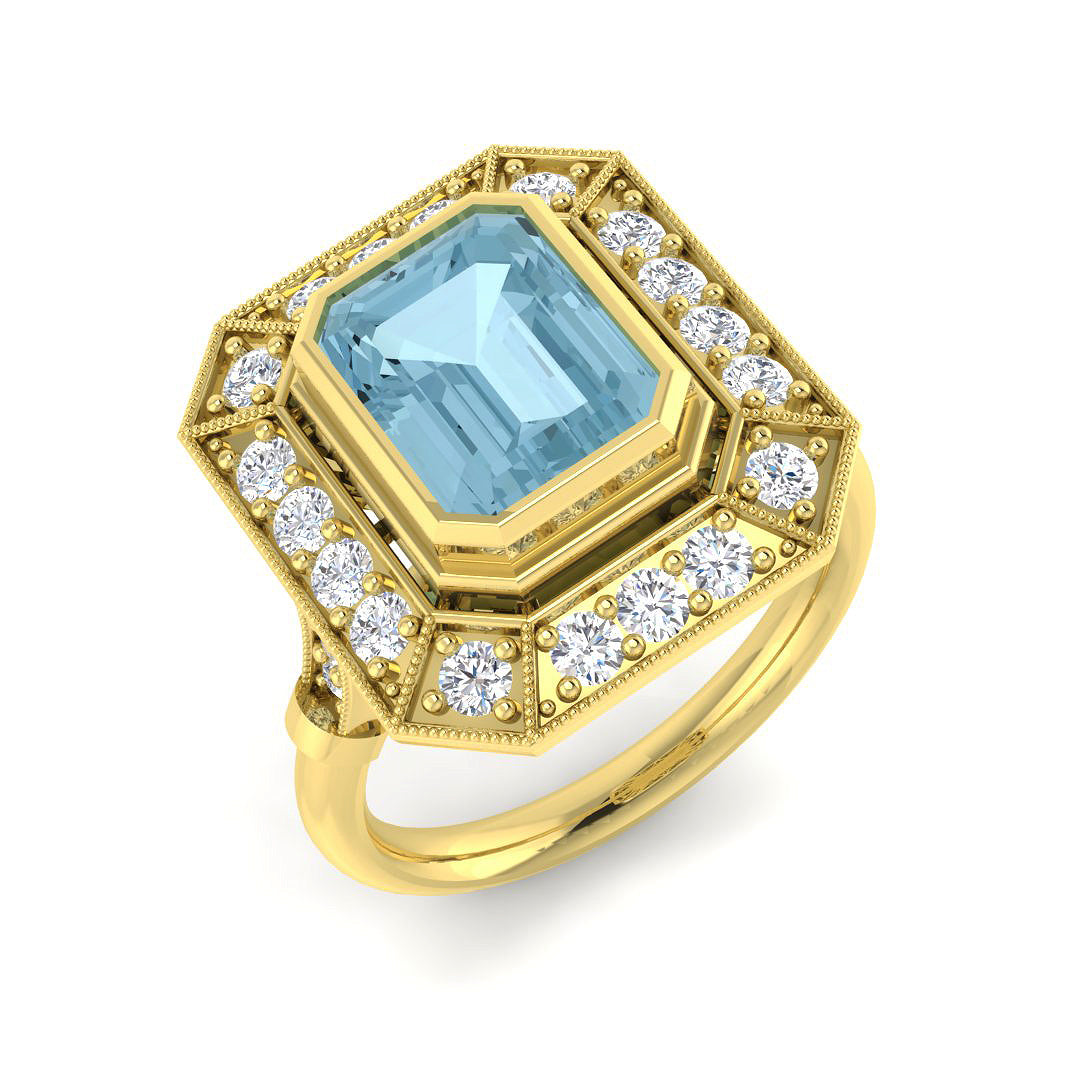Yellow Gold Aquamarine Milgrain Diamond Ring