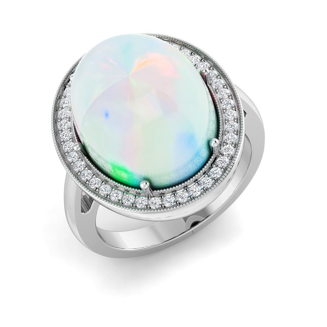 Diamond Brougham Opal Ring | 8ct | Hallmarked Gold & Platinum