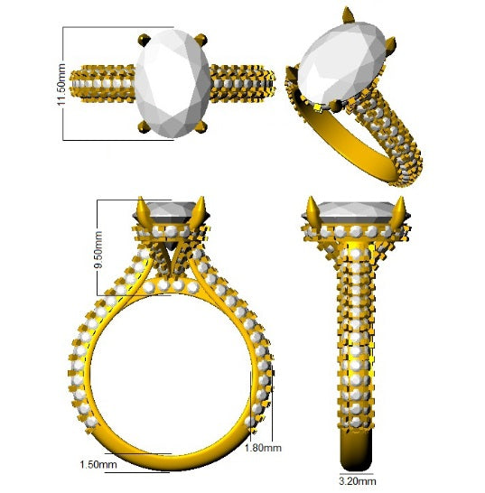 Oval Cut Diamond Engagement Ring with Double Pavé Band in Gold